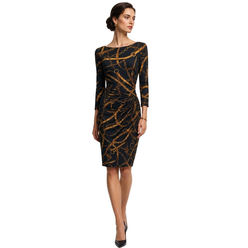 Ralph Lauren Equestrian Chains Midi Dress Black Gold Old Money Western Sz 6